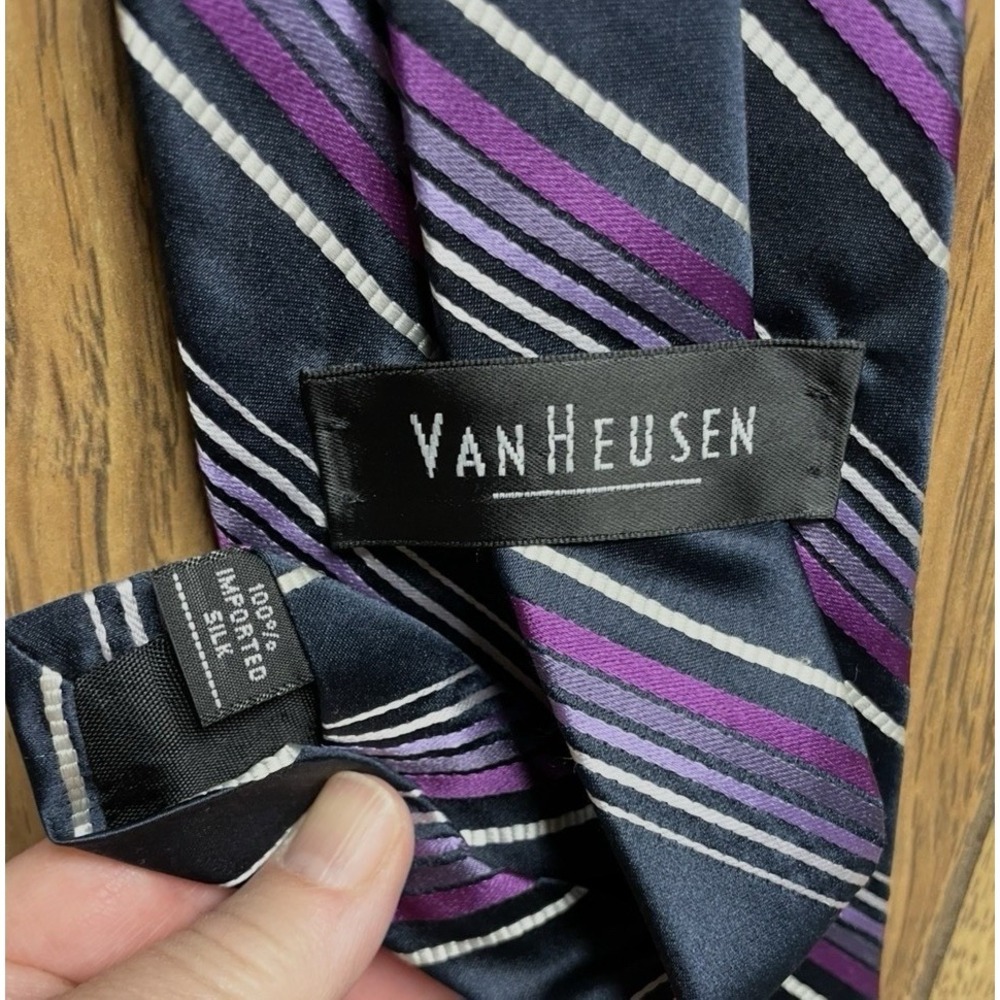Van Heusen Tie Purple Silver Diagonal Striped Silk Tie Modern Business Formal